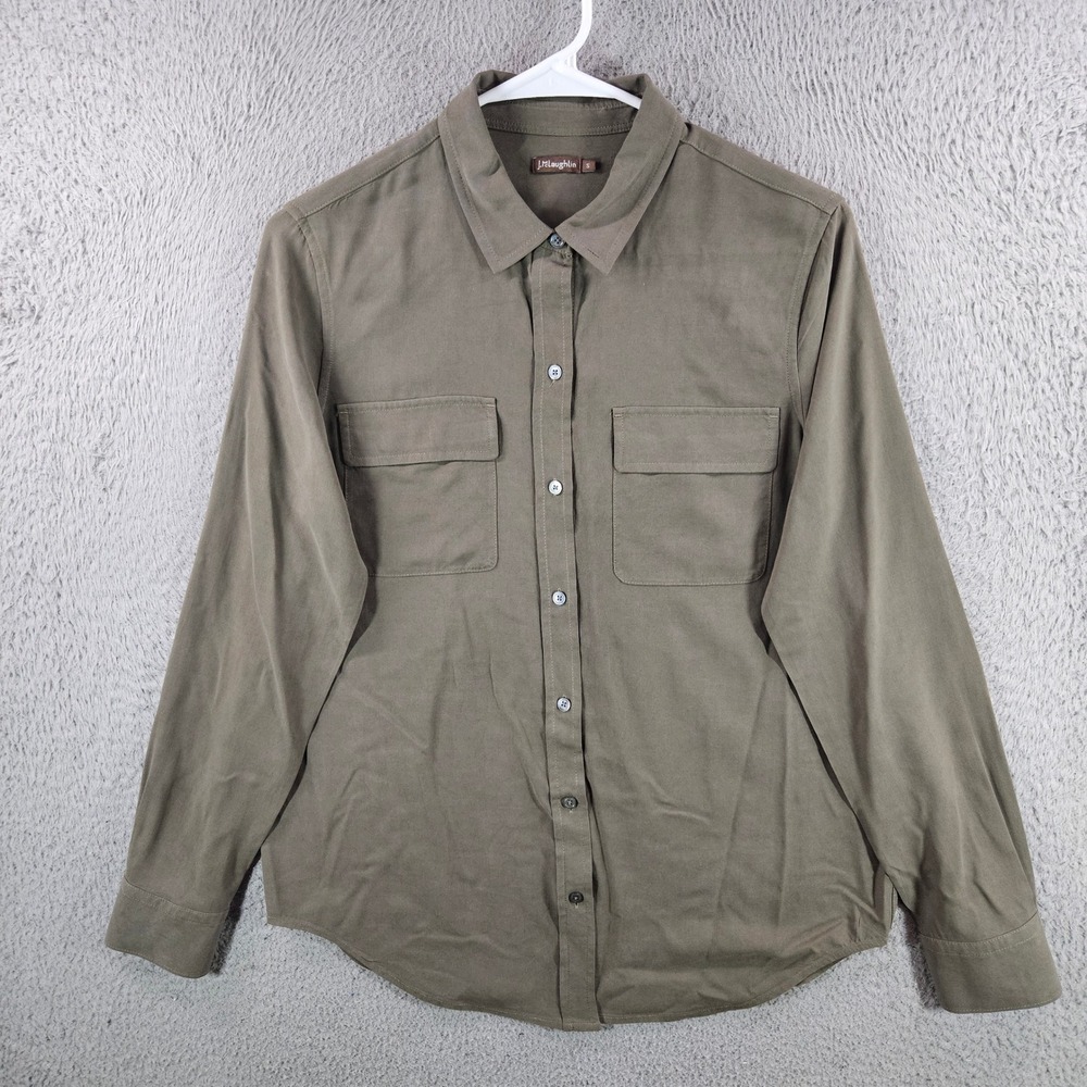 J.McLaughlin Silk Button Down Shirt Womens Small Olive Green Utility Blouse